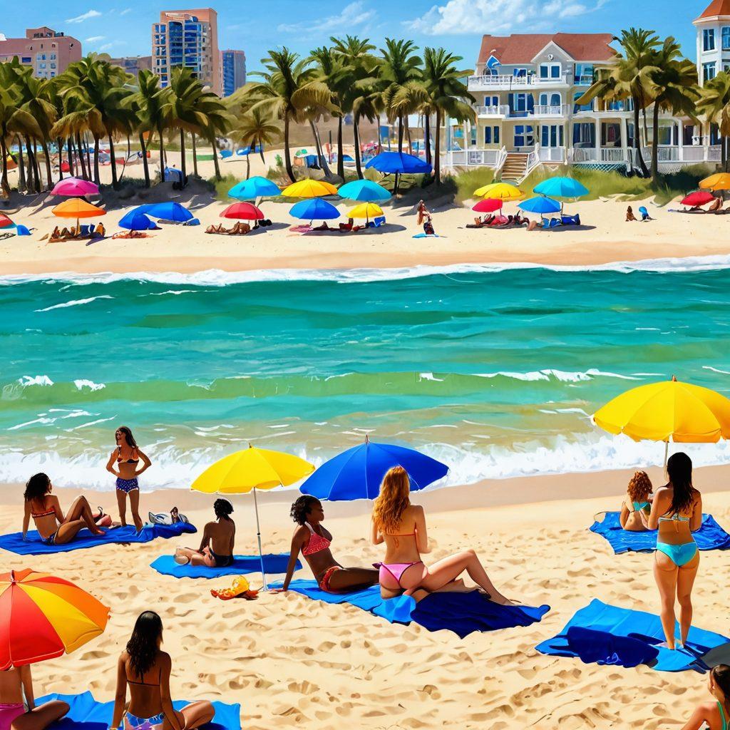 A sunny Virginia beach scene featuring women of diverse backgrounds wearing the hottest bikini styles, showcasing colorful swimwear trends. Include vibrant beach umbrellas, playful waves, and children building sandcastles to create a lively atmosphere. Ensure the background highlights a gorgeous coastline with palm trees. super-realistic. vibrant colors. beach setting.