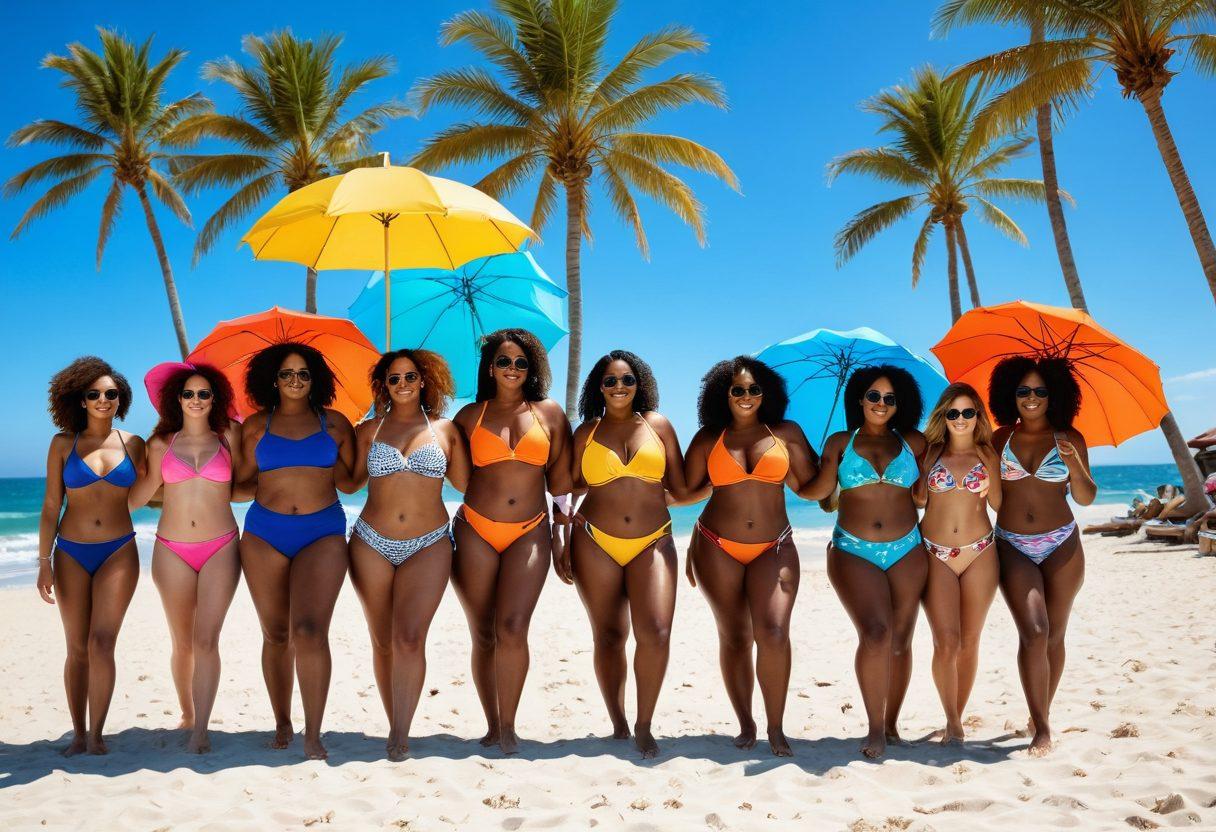 A diverse group of confident individuals of various body types showcasing stylish swimwear on a sunlit beach, with colorful beach accessories such as vibrant umbrellas, beach towels, and sunglasses. The ocean waves gently lap at the shore, and palm trees sway in the background, creating a relaxed and inviting atmosphere. The scene embodies joy and body positivity, encouraging self-love and confidence. bright colors, high resolution, summer vibes.